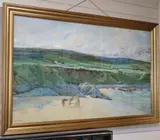 Extensive coastal landscape with boy and cart in the foreground by John Mallard Bromley, watercolour, sold Aug 2020