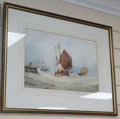 Shipping off a jetty by Frederick James Aldridge, watercolour, sold Aug 2020