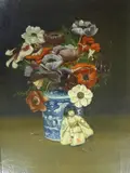Still life of peonies in a Chinese vase and a Japanese doll by Arthur Royce Bradbury, oil on canvas, sold Jul 2020