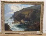 Coastal landscape with fishing boat by Alfred Swatkins, oil on canvas, sold Jul 2020