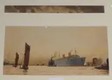 Pool of London, Battersea and Westminster from the Thames by Herbert Touzeau Ahier, 1942, watercolor, offered Jul 2020