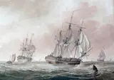 Shipping at sea by John Cantiloe Joy, watercolour, sold Jul 2020