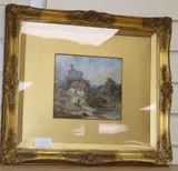 Landscape with stone bridge, cottage and distant castle, inscribed verso, 19 x 20cm by Charles Deane, watercolour, sold Jul 2020
