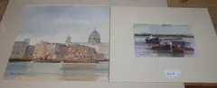 St Paul's from the river and Tug boats, both signed, 33 x 51cm and 15 x 23cm, both unframed by Dennis John Hanceri, watercolor, sold Jul 2020