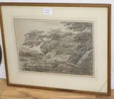 Rocky river landscape, J S Maas label verso, 27 x 38.5cm by Richard Cooper Jnr., pencil on paper, sold Jul 2020