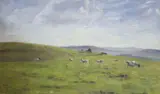 Sheep in landscape, a coastal sketch verso by Neil Tyler, oil on board, sold Jul 2020