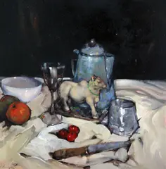 Still of objects on a table top by Ken Moroney, oil on board, sold Jul 2020