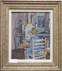 Mary Remington at her easel by Prue Sapp, oil on board, sold Jul 2020