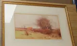 Landscape with sheep and a hayrick in the distance by Henry John Sylvester Stannard, watercolour, offered Jul 2020