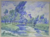 River landscape, 27 x 37cm CONDITION: Some undulation of the paper, colours remain strong, a few scattered fox marks, tatty mount and frame by Robert Arthur Wilson, watercolour, sold Jul 2020