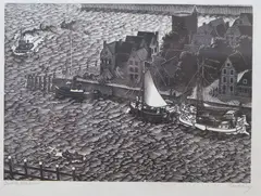 Dutch harbour by Mark Severin, etching, sold Jul 2020