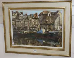 Boats at Honfleur by Clive McCartney, oil on board, sold Jul 2020