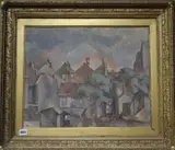 View of houses by Henry Federer, oil on board, sold Jul 2020