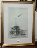 Bi-plane flying over Croydon Airport Tower, Studio stamp, 35 x 23cm CONDITION: Scattered damp spots otherwise good by Douglas Ettridge, pencil, sold Jul 2020