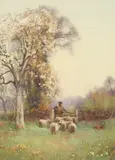 British, A Shepherd and his flock beneath blossom by Benjamin Sigmund, watercolour, offered Aug 2021