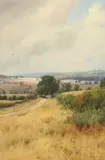 A country landscape with sweeping hills beyond by William Barton Thomas, watercolour, sold Aug 2021