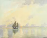 British, South Java Sea , A traditional Indonesian sailboat at dusk by Robert E. Sterling Patterson, watercolour, offered Aug 2021