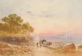 British, A scene of a figure and a horse and cart making his way along a coastal path with boats and a town beyond by William Cook, watercolour, sold Aug 2021
