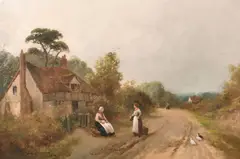 English, A scene of women gossiping outside a country cottage by James Walter Gozzard, oil on canvas, sold Jun 2021