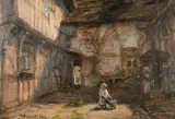 An Elizabethan Courtyard by Frank Moss Bennett, 1929, oil on canvas, sold Jun 2021