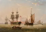 British, A pair of oil on canvas marine scenes of shipping at dusk and shipping in rough seas by Henry Redmore, 1857, oil on canvas, sold Jun 2021