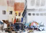 Chinese School, Figures at a busy street market by Law Wai Hin, watercolour, sold Jun 2021