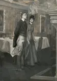 British, A study of a lady and gentleman in riding outfits in a lavish interior by John da Costa, mixed media, sold Jun 2021