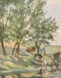 Cows watering by a stone bridge by Beatrice Stella Pedder, oil on board, offered Jun 2021