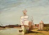 A sailboat drying its sails with a town beyond by L. Bracewell, oil on board, offered Jun 2021