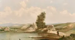 A scene of a lady and child approaching a waterway with cottages and a sailboat beyond by Alfred H. Vickers, oil on canvas, offered Jun 2021