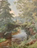 Scene of an arched stone bridge over a river by Charles Ernest Butler, oil on canvas, sold Jun 2021