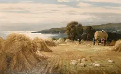 British, Figures harvesting in a field with a coastal view beyond by George Melvin Rennie, oil on canvas, sold Jun 2021