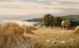 British, Figures harvesting in a field with a coastal view beyond by George Melvin Rennie, oil on canvas, sold Jun 2021