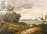 A scene of a cart approaching a bay with sail boats and a headland beyond by L. Duguet, oil on canvas, offered Jun 2021