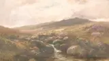 British, An angler by a moorland stream with a storm approaching by George Henry Jenkins, oil on canvas, offered Jun 2021