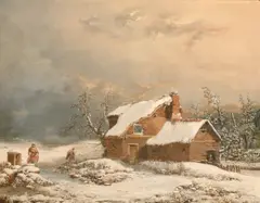 British, A winter landscape with figures gathering provisions for their cottage by William Malbon, oil on board, offered Jun 2021