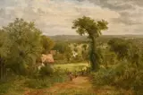 Children foraging by a farm gate with a cottage and open fields beyond by F. J. Railton, oil on canvas, sold Jun 2021