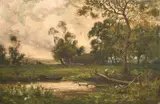 A Surrey stream' figures by a boat with harvesting beyond by Tom Seymour, oil on canvas, sold Jun 2021