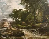 Figures on a rock by a mountain torrent by James B. Dalziel, oil on canvas, offered Jun 2021