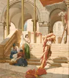 Preparing for the Festival' with Spanish figures on the steps by Frank William Warwick Topham, oil on board, offered Jun 2021