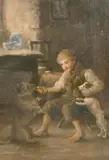 British, A young boy in a cottage interior feeding dogs by Robert Easton Stuart, oil on canvas, sold Jun 2021