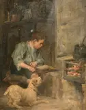 British, A young boy in a cottage interior stoking a fire by Robert Easton Stuart, oil on canvas, sold Jun 2021