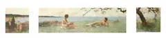 British, A framed triptych of classical maidens beneath a blossoming tree, with a bay and town beyond by Yeend King, oil on panel, sold Jun 2021
