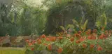 British, A scene of figures on park benches with red flowers in the foreground by Fred Dubery, oil on board, offered Jun 2021