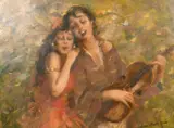 Hungarian, A scene of two females singing with one holding a violin by Jeno Dukai Takach, oil on canvas, offered Jun 2021