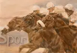 A scene of three horses and their jockeys heading for a close finish by Claire Eva Burton, oil on canvas, sold Jun 2021