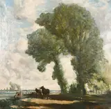 A barge with horses on a towpath in an extensive landscape by John Charles Moody, oil on canvas, offered Jun 2021