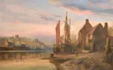 British, Figures and boats at dusk with a harbour town beyond by Gilbert Foster, oil on canvas, sold Jun 2021