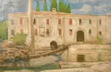 Boats moored in a canal with Italian buildings beyond by Sydney Lee, oil on canvas, sold Jun 2021