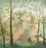 British, A stylised South Downs landscape by Eileen Aldridge, oil on canvas, sold Jun 2021